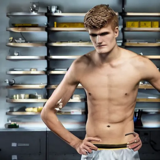 Prompt: a realistic detailed photo of a guy who is an attractive humanoid who is half robot and half humanoid, who is a male android, soccer players martin ødegaard & timo werner, shiny skin, posing like a statue, blank stare, in a lab, on display, showing off his muscles, gold soccer shorts, no jersey, statue, many copies of them