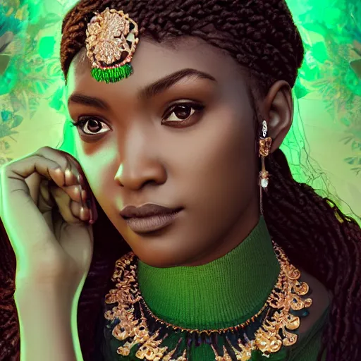 Image similar to photograph of wonderful princess with smooth dark skin, green jewelry, breathtaking, elegant, ornate, intricate, hyper detailed, accent lighting, dramatic light, 4 k octane render