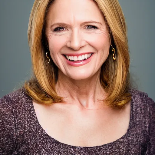 Prompt: professional headshot of an elegant female actress in her 4 0 s smiling widely at the camera. high resolution, nikon camera 8 k