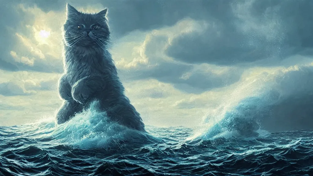 Image similar to a gigantic cat bursting out of a stormy sea attacking a small sail boat, wet fur, giant waves, sunbeams in background, intricate, detailed, volumetric lighting, sharp focus, scenery, photorealism, digital painting, highly detailed, concept art, by simon stalenhag and mark brooks