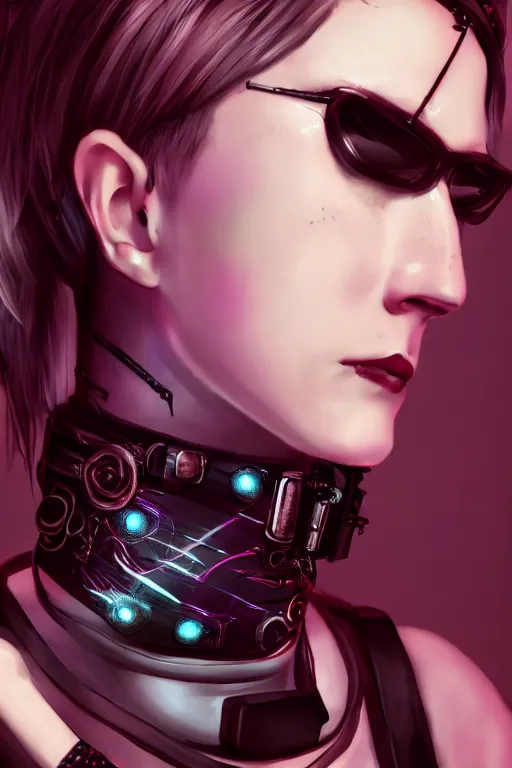 Image similar to detailed realistic female rock star cyberpunk wearing thick technological collar around neck, realistic, art, beautiful, 4K, collar, choker, collar around neck, punk, artstation, detailed, female, woman, choker, cyberpunk, neon, punk, collar, choker, collar around neck, thick collar, tight around neck, punk,