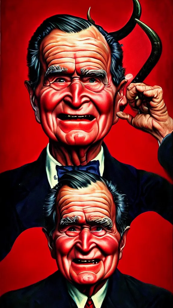 Image similar to demonic george hw bush with red horns, painting in the style of norman rockwell, 1 9 5 0 s, evil, satan, devil, demonic, demon, hyperrealistic, photorealistic, award - winning, 4 k, ultra hd, artstation, intricate, highly detailed, american, usa, dark, gritty