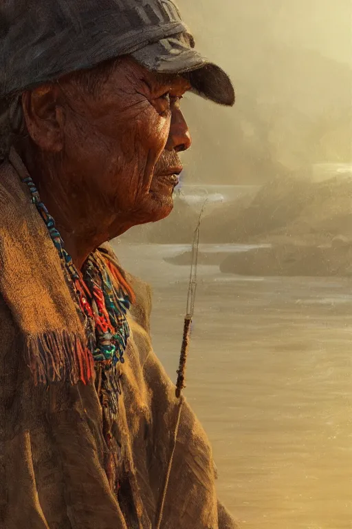 Prompt: aztec fisherman, close - up portrait, poor, intricate, elegant, volumetric lighting, scenery, digital painting, highly detailed, artstation, sharp focus, illustration, concept art, ruan jia, steve mccurry