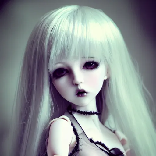 Image similar to a pretty full body woman BJD doll, grey hair, sad eyebrows, symetric eyes, photo realistic, heart mouth, torn tule tutu, melancholic atmosphere, gothic atmosphere, dark palette, pastel palette, bloodborn, pale roses