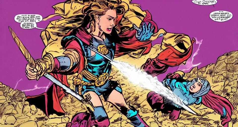 Image similar to Alicia Vikander as a mage fighting a knight a comic book panel by Jack Kirby