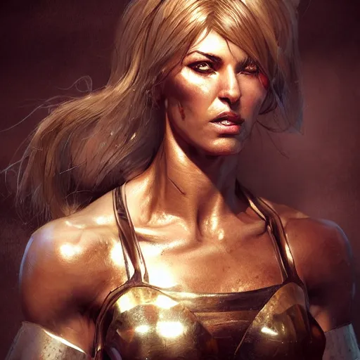 Prompt: proud muscular female turkish warrior, portrait by Cedric Peyravernay, highly detailed, excellent composition, cinematic concept art, dramatic lighting, trending on ArtStation