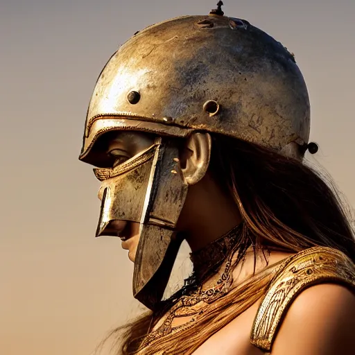 Prompt: a beautiful medium shot of a beautiful model looking of into the distance, wearing an antique athenian warrior helmet with facemask on her head, wearing an ancien greek white tunic with bleu patterns, beautiful natural backlit light failing on her face, golden hour, by annie leibowitz
