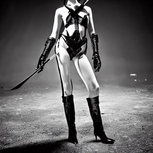 Image similar to fashion black and white photography of an extraterrestrial model, holding a sword, wearing demobaza fashion, inside berghain, berlin fashion, harness, futuristic fashion, dark minimal outfit, photo 3 5 mm leica, hyperdetail, berghain, 8 k, very detailed, photo by nick knight