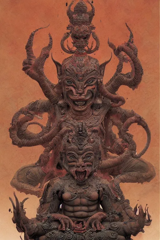 Prompt: Meditating Buddhist demon god, dark fantasy, intricate, highly detailed, smooth, artstation, painted by Wayne Barlowe, Greg Rutkowski, zdislav beksinski, Francis Bacon