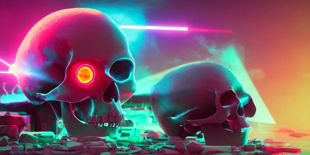 Image similar to a huge skull with laser blast, in the style of Beeple, cinematic, 4K