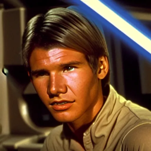 Prompt: film still of teenage harrison ford in new star wars movie, dramatic lighting, highly detailed face, kodak film, wide angle shot,