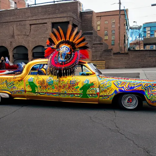 Prompt: wide angle panoramic photo of an indigenous chologoth shaman dressed with a quetzalcoatl feathered serpent on top of a golden lowrider car in brooklyn