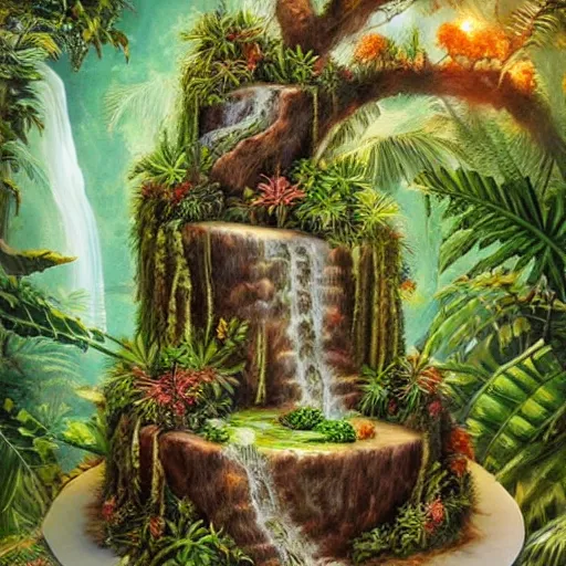 Image similar to a jungle on a cake, hyper realistic, ultra detailed, fantasy art, elegant, beautiful,