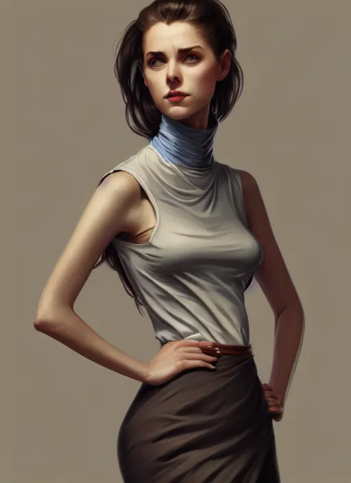 Image similar to portrait of a full body of beautiful young female secretary, d & d, sleeveless turtleneck, pencil skirt, fantasy, flat lighting, intricate, highly detailed, digital painting, artstation, concept art, smooth, sharp focus, illustration, art by simon bisley and greg rutkowski and alphonse mucha, natural tpose