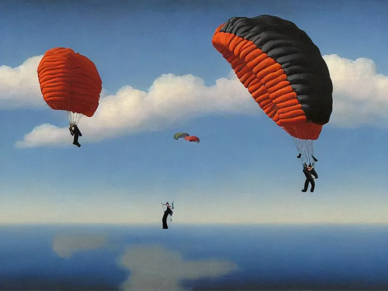 Image similar to Tom Cruise parachuting on a small island in the middle of a big lake painting by rene magritte, high detail, high resolution