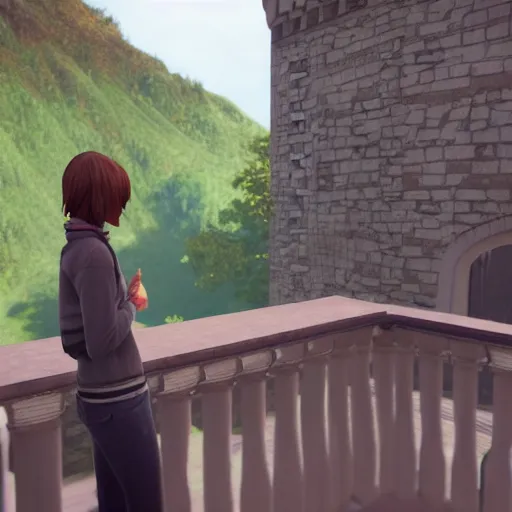 Image similar to A 3D render of Max Caulfield on the balcony of a castle