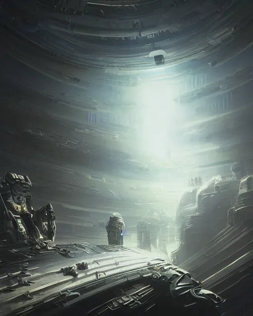 Image similar to A matted painting of humanoid Aliens of the Sun on a spaceship environment with expansive views of space, inspired by greg rutkowski and Keith Mallett and felix kelly, digital art, insanely detailed extremely moody lighting, glowing light and shadow, atmospheric, shadowy, cinematic