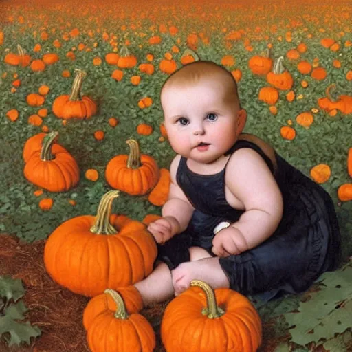 Prompt: a cute nine month old baby sitting amidst piles of pumpkins. beautiful cute highly detailed face. autumn and fall and halloween themed painting anne geddes and alphonse mucha.