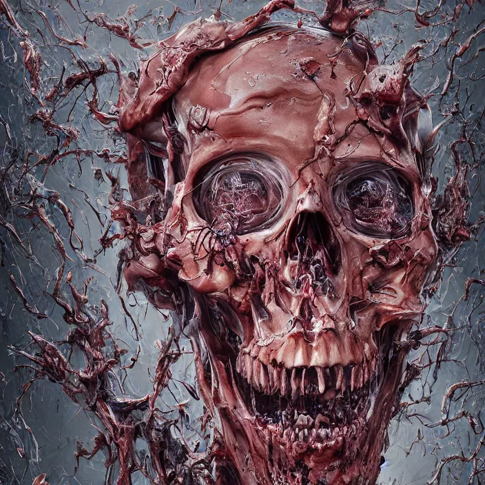 Image similar to portrait of a melting skull. razor sharp teeth. infected with zombie fungus. intricate abstract. intricate artwork. nightmare fuel. by Tooth Wu, wlop, beeple, dan mumford. octane render, trending on artstation, greg rutkowski very coherent symmetrical artwork. cinematic, hyper realism, high detail, octane render, 8k, iridescent accents