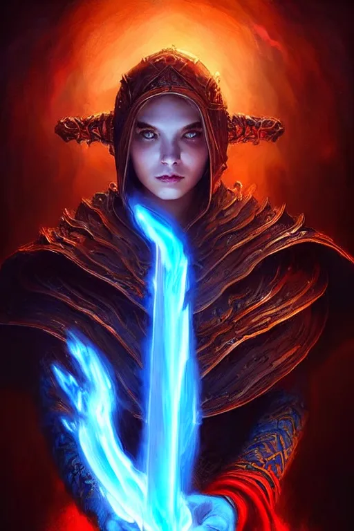 Prompt: Front portrait of mage hold a blue fire on right hand and red fire on the left hand, full body, fine art, awesome fantasy book cover on Pinterest, award winning, dark fantasy landscape, fantasy magic, intricate, elegant, sharp focus, cinematic lighting, highly detailed, digital painting, concept art, art by WLOP and Artgerm and Greg Rutkowski, masterpiece, trending on artstation, 8K