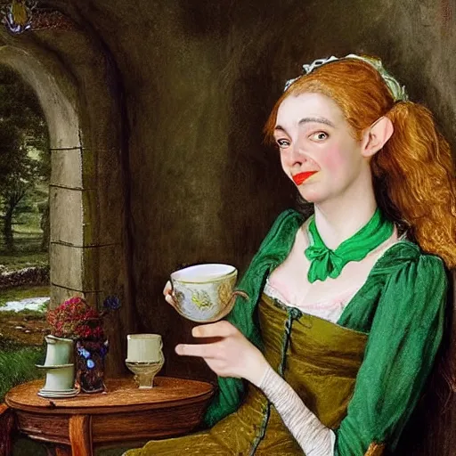 Image similar to 18th century elf princess (Mr. Bean), mouth wide open, is ((drinking a cup of tea)). fantasyconcept art, inspired by John Everett Millais's Ophelia