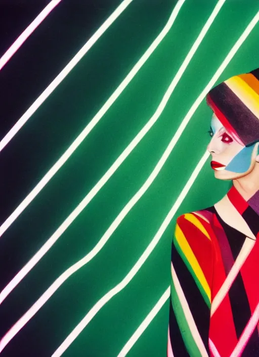 Prompt: portrait close up of david bowie music clip with sonia delaunay clothing, neon lights, photorealistic, eastman kodak