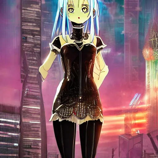 Image similar to a teenage anime android girl wearing a very high intricate detailed dress made out of water standing in a crystal clear lake with a neon lit futuristic city in the background::full body::very long black and red hair::left eye is yellow and right eye is glowing red::heterochromatic eyes::intense stare::cinematic lighting::medium shot::MCU::trending on artstation::CSP::Photoshop::WLOP, Rossdraws, James Jean, Andrei Riabovitchev, Marc Simonetti, Anastasia Ovchinnikova, Véronique Meignaud, BEN MAIER and Sakimichan