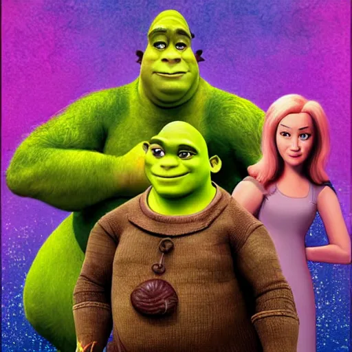 Image similar to a movie poster for a shrek film with aliens, digital art,