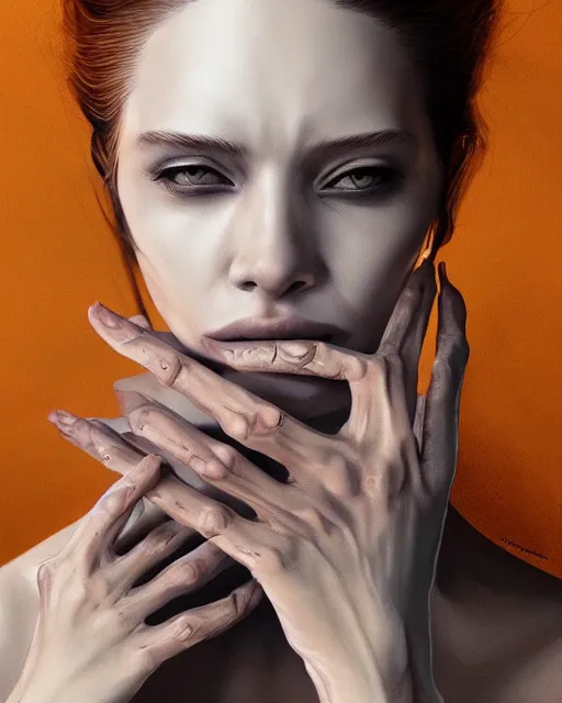 Image similar to Portrait of a woman with a skeletal hand on her face, digital art by DZO Oliver and Alex Nino and Randy Ortiz, intricate, elegant, highly detailed, digital painting, artstation, concept art, smooth, sharp focus, illustration