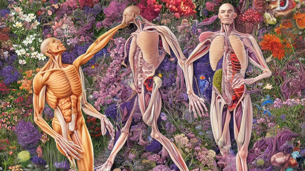 Image similar to highly detailed illustration of a human anatomy body exploded by all the known species of flowers by juan gatti, by makoto shinkai, by moebius!, by oliver vernon, by joseph moncada, by damon soule, by manabu ikeda, by kyle hotz, by dan mumford, by kilian eng