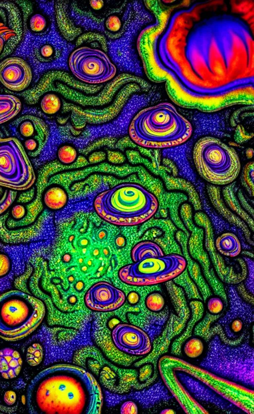 Image similar to looking down at trippy alien world with large psychedelic mushrooms