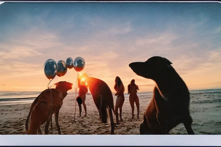 Image similar to an amazing award winning polaroid photo of animals at a party at the beach, drinking, food, bar, music, resort, praising the sun, golden hour, cinematic, atmospheric, 8k resolution, Hyperrealistic