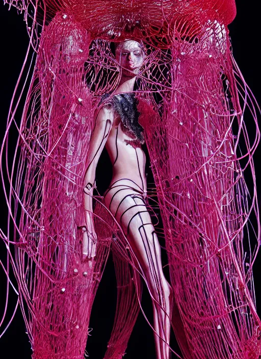 Prompt: walking down the catwalk, steven klein, mert alas and marcus piggott, show, stage, vogue photo, podium, fashion show photo, iris van herpen, beautiful woman, full body shot, masterpiece, inflateble shapes, plant predator, guyver, jellyfish, wires, veins, biomechanical details, colourfull