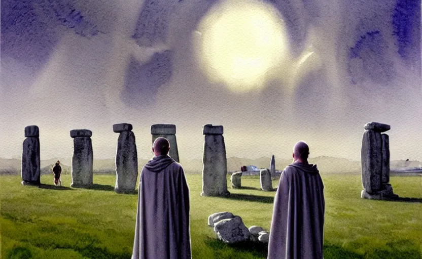 Image similar to a hyperrealist watercolour character concept art portrait of one small grey medieval monk pointing up in the air in front of a floating portal above a complete stonehenge monument on a misty night. a ufo is in the sky. by rebecca guay, michael kaluta, charles vess and jean moebius giraud