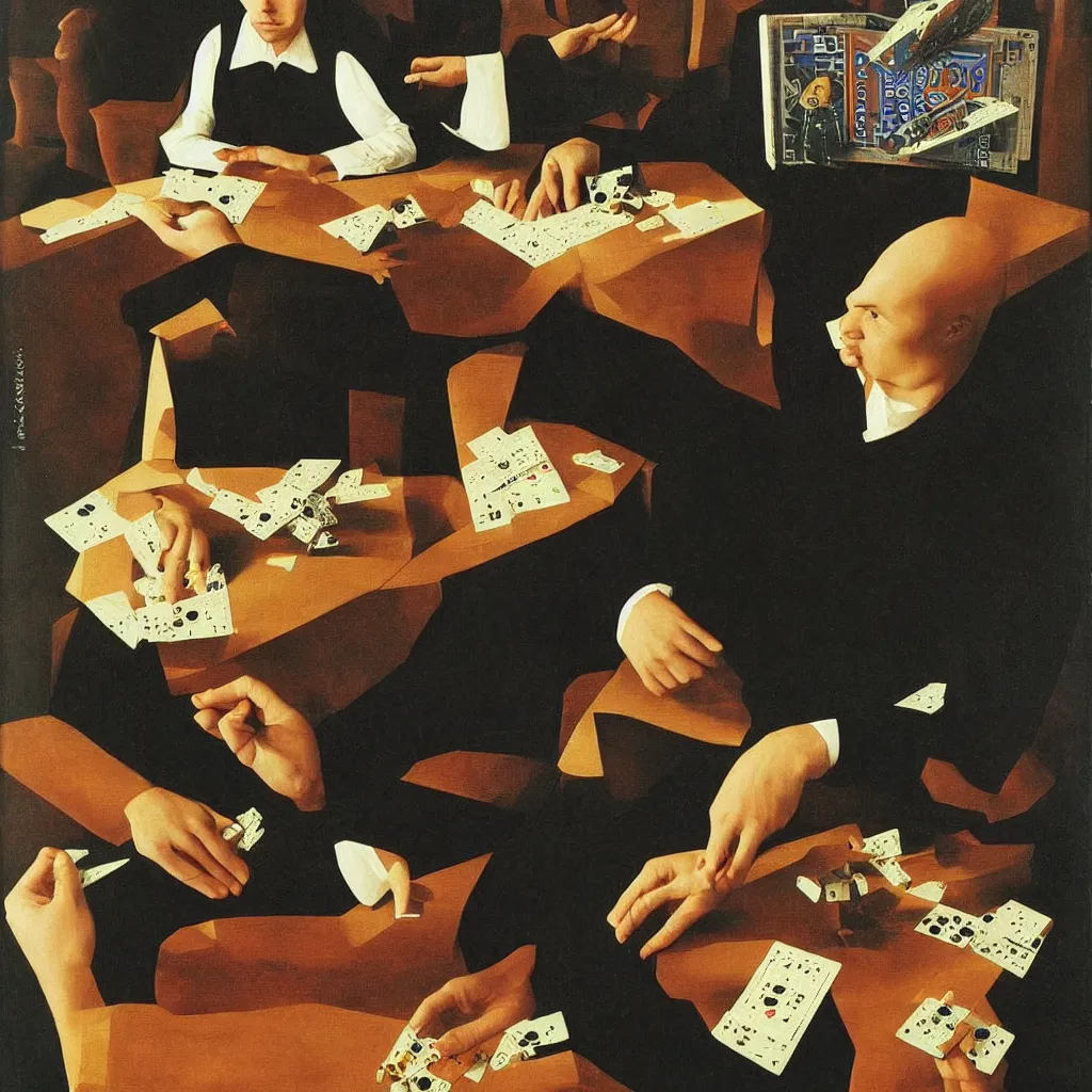 Image similar to Portrait of BILLY CORGAN PLAying DOMINOES. Painting by Jan van Eyck, Audubon, Rene Magritte, Agnes Pelton, Max Ernst, Walton Ford