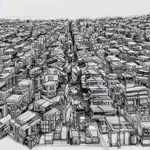 Image similar to highly detailed sketch of a distorted japanese neighborhood in the style of kim jung gi