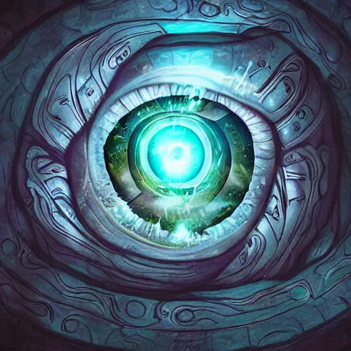 Image similar to giant eye magic spell, magic spell surrounded by magic smoke, floating cards, hearthstone coloring style, epic fantasy style art, fantasy epic digital art