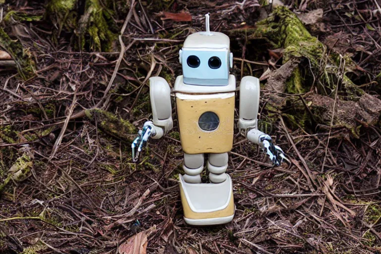 Prompt: a glazed wood - fired ceramic sculpture of a robot at the moment it gains sentience, emotional, sitting on the forest floor, high quality photograph, studio lighting, sigma 8 5 mm f / 8