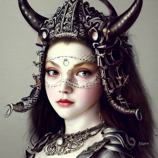 Image similar to A masterpiece ultrarealistic ultradetailed portrait of a Incredibly beautiful angel princess with Royal Tevton Knight Skull Full Iron Closed Helmet with Big Iron Bull Horns . baroque renaissance girl in the night forest. medium shot, intricate, elegant, highly detailed. trending on artstation, digital art, by Stanley Artgerm Lau, WLOP, Rossdraws, James Jean, Andrei Riabovitchev, Marc Simonetti, Yoshitaka Amano. background by James Jean and Gustav Klimt, light by Julie Bell, 4k, porcelain skin.