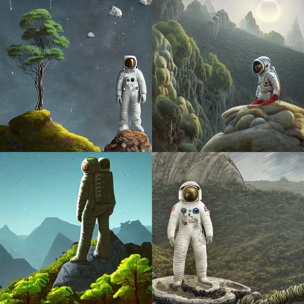 Prompt: seasoned marble statue of astronaut on top of hill covered by lichen in jungles and mountains and pyramids by Simon Stalenhag and andrea dopaso, detailed, digital art, matte, 4k resolution