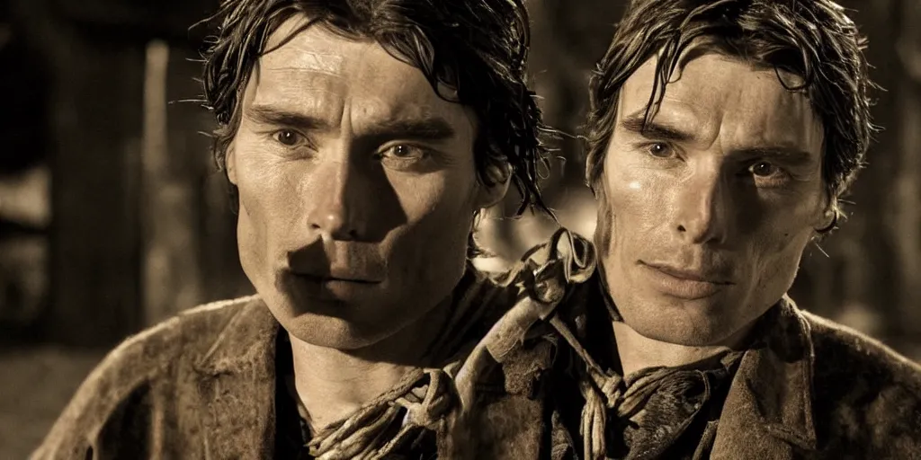 Image similar to portrait of rugged bandit cillian murphy in the old west, strangling a cowboy in volumetric lighting, cinematic, dark, grim. directed by coen brothers.