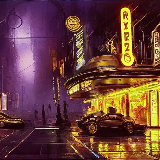 Prompt: scene from bladerunner 2 0 4 9 movie, painting of syd mead artlilery scifi organic shaped gas station with ornate metal work lands on a sidewalk, floral ornaments, greek architecture, volumetric lights, purple sun, andreas achenbach