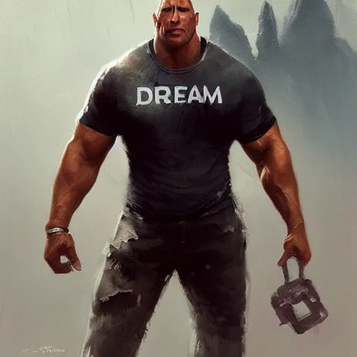 Prompt: dwayne johnson wearing dream merchandise trending on artstation, painted by greg rutkowski