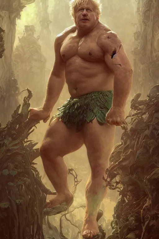 Image similar to portrait of boris johnson as a hulking herculean demon, forest, godlike, full body, fantasy, intricate, elegant, highly detailed, digital painting, artstation, concept art, sharp focus, illustration, art by artgerm and greg rutkowski and alphonse mucha