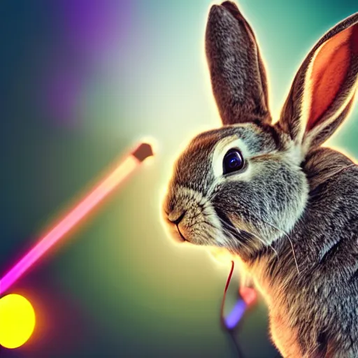 Prompt: A rabbit, video games, screaming in anger, wearing a neon headset, realistic, HDR shot