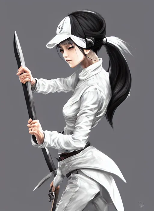 Image similar to a highly detailed illustration of fierce messy ponytail black haired one armed delinquent japanese woman wearing white cap wearing long white jacket, dramatic wielding sword pose, muscular, intricate, elegant, highly detailed, centered, digital painting, artstation, concept art, smooth, sharp focus, league of legends concept art, wlop.