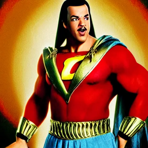 Prompt: photo of a vhs tape cover graphic for the movie “Shazam” starring Sinbad as a genie