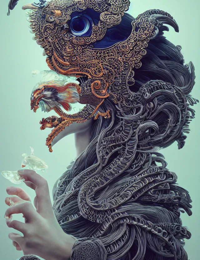 Image similar to 3 d goddess close - up profile portrait ram skull. beautiful intricately detailed japanese crow kitsune mask and clasical japanese kimono. betta fish, jellyfish phoenix, bio luminescent, plasma, ice, water, wind, creature, artwork by tooth wu and wlop and beeple and greg rutkowski