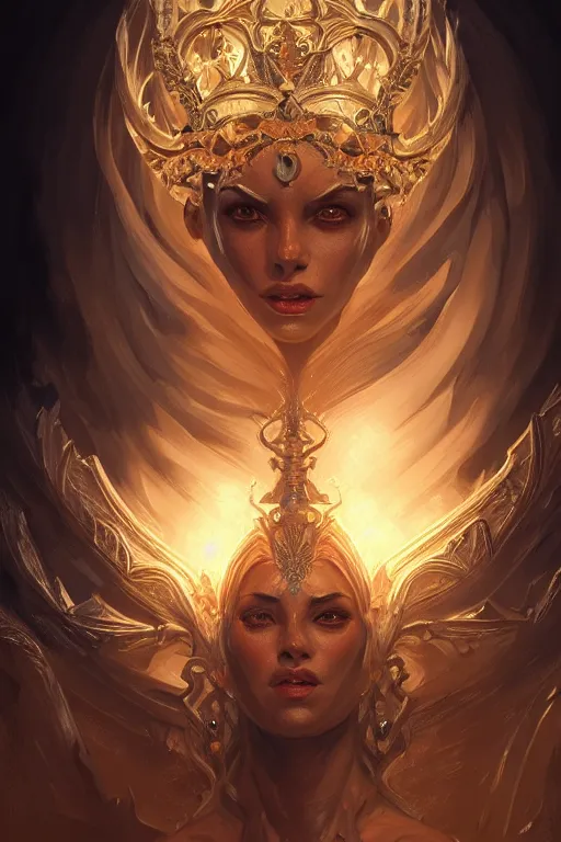 Image similar to highly detailed portrait of an elegant demon, ornate crown, beautiful symmetrical face, glowing skin, digital painting, artstation, concept art, smooth, clear focus, illustration, greg rutkowski, artgerm, global lighting, detailed and fantasy