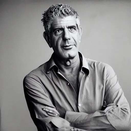 Image similar to promotional vogue studio portrait photo of Anthony Bourdain by Annie Leibovitz, 50mm, pentax, film